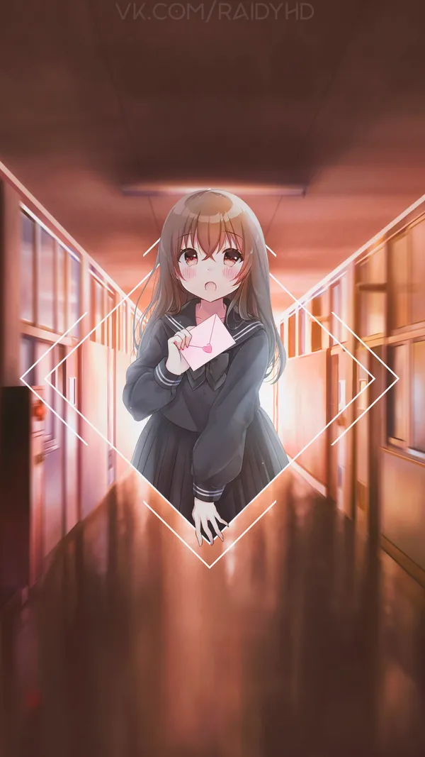 Anime girl holding a love letter in a school hallway
