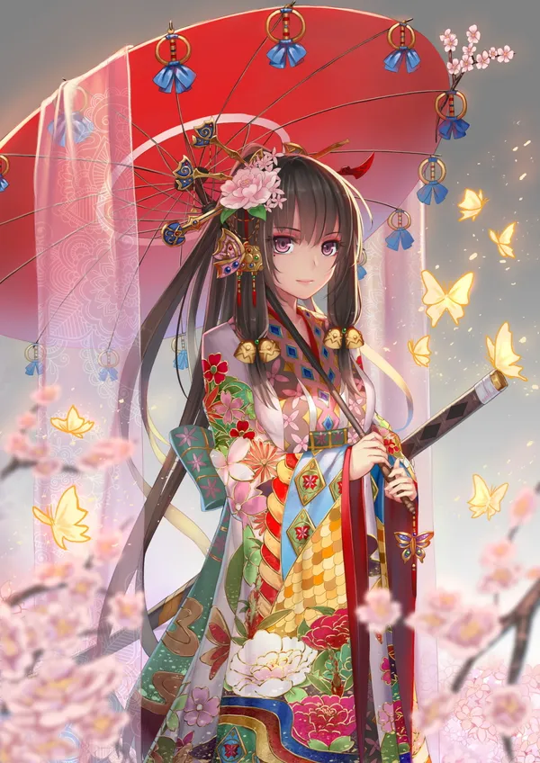 Anime girl holding a sword and wearing a kimono stands under a red umbrella