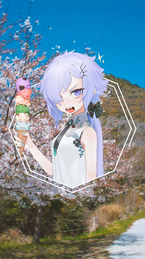 Anime girl holding an ice cream cone in a scenic landscape