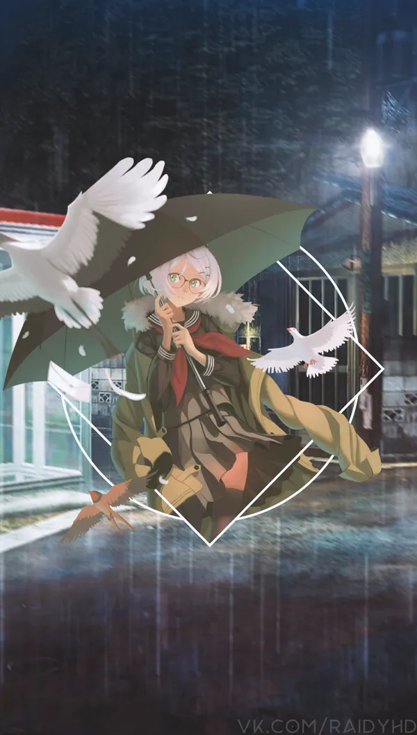 Anime girl holding an umbrella in the rain with birds flying around her