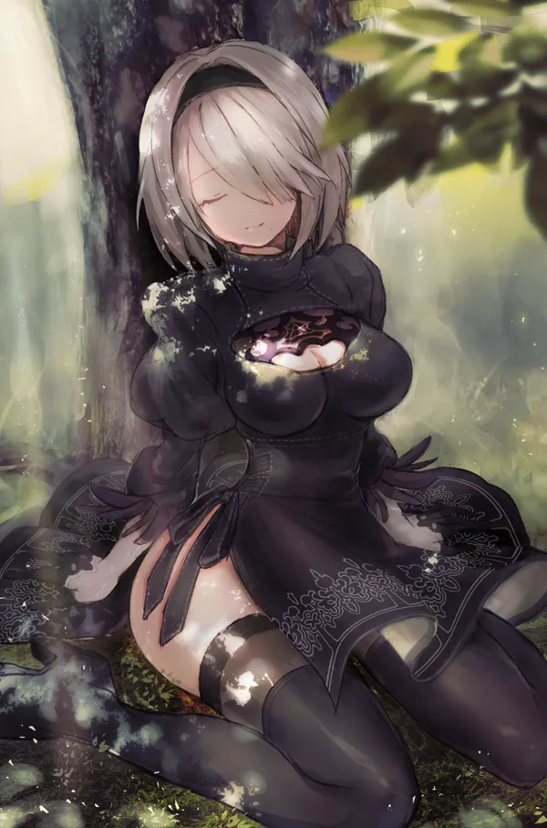 Anime girl in a black dress is sitting in the woods