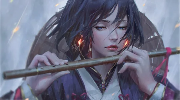Anime girl in a blue kimono is playing a flute in the rain