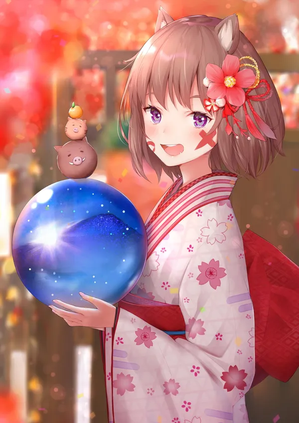 Anime girl in a kimono is holding a ball with a galaxy inside it