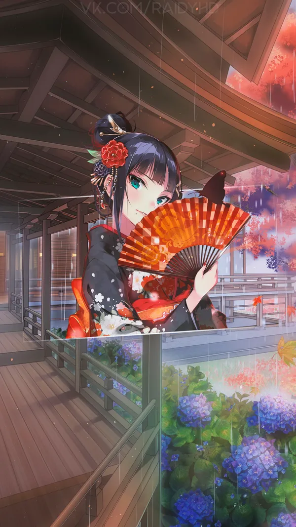 Anime girl in a kimono is holding a fan in a rainy garden