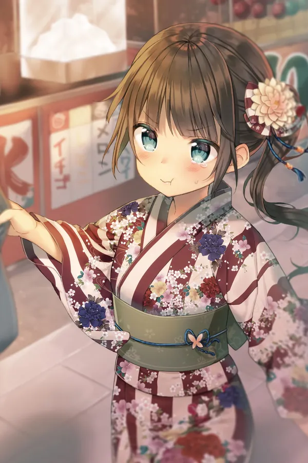 Anime girl in a kimono is looking at something
