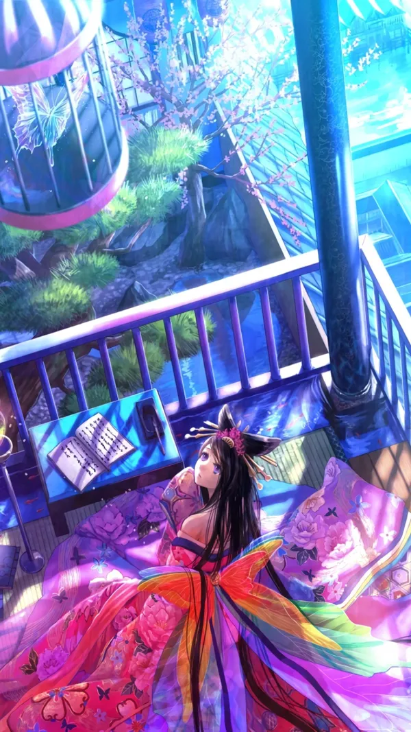 Anime girl in a kimono is sitting on a balcony overlooking a garden