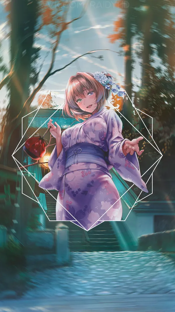 Anime girl in a kimono is standing in a forest near a shrine