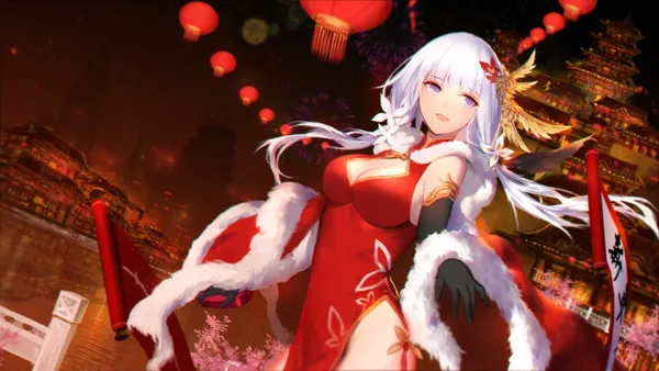 Anime girl in a red dress standing in a Chinese setting