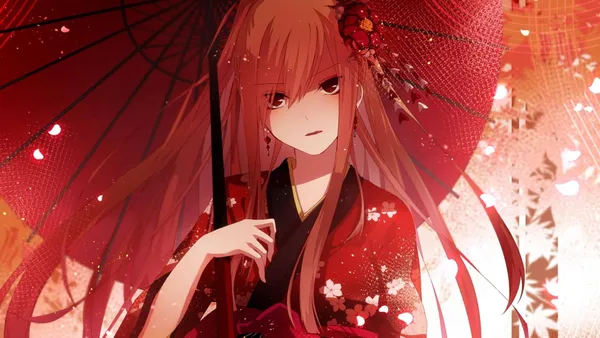 Anime girl in a red kimono holding a red umbrella