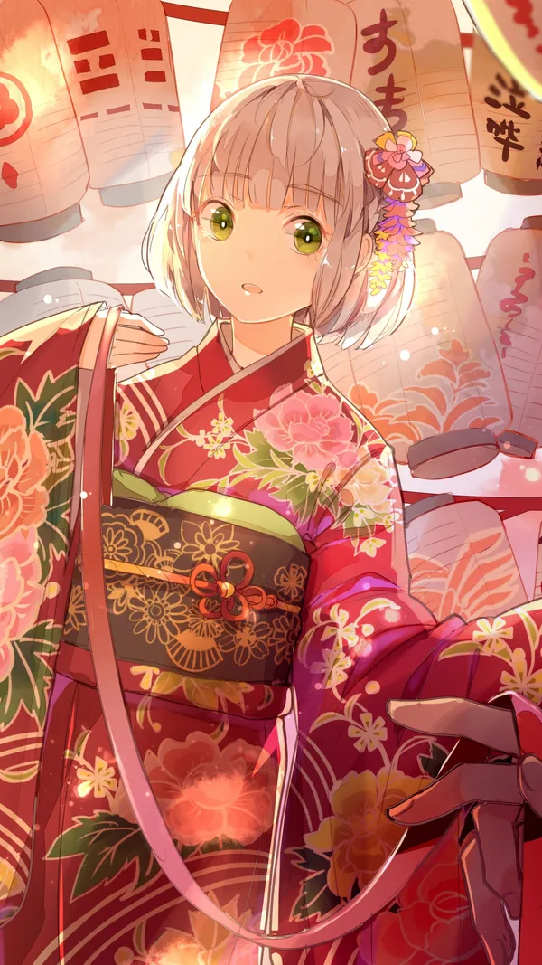 Anime girl in a red kimono standing in front of paper lanterns