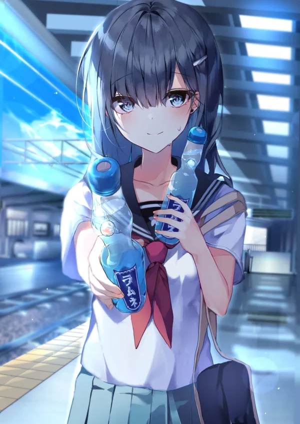 Anime girl in a school uniform is holding two Ramune soda bottles