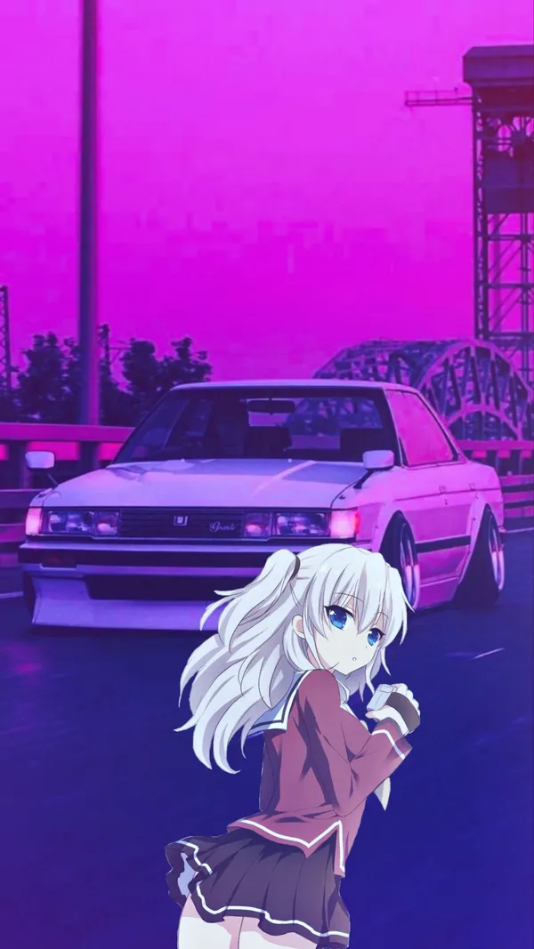 Anime girl in a school uniform standing in front of a white sports car with