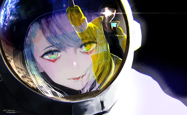 Anime girl in a spacesuit with a reflection of another person in her helmet