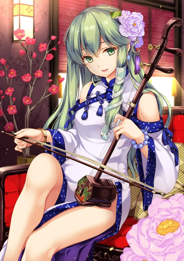 Anime girl in a white and blue dress playing a Chinese instrument