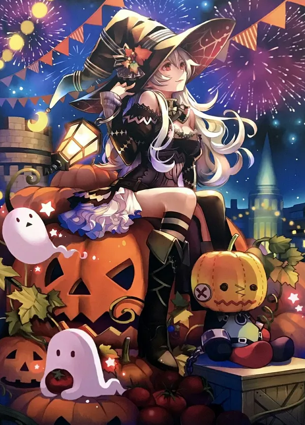 Anime girl in a witch hat is sitting on a pumpkin