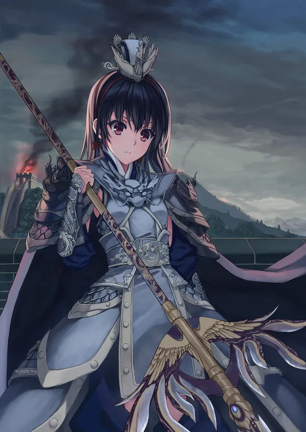 Anime girl in Chinese armor holding a spear