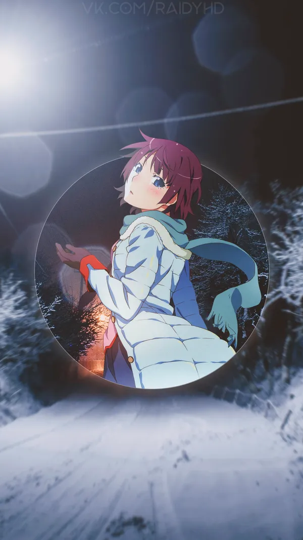 Anime girl in the snow wearing a white puffy jacket and blue scarf