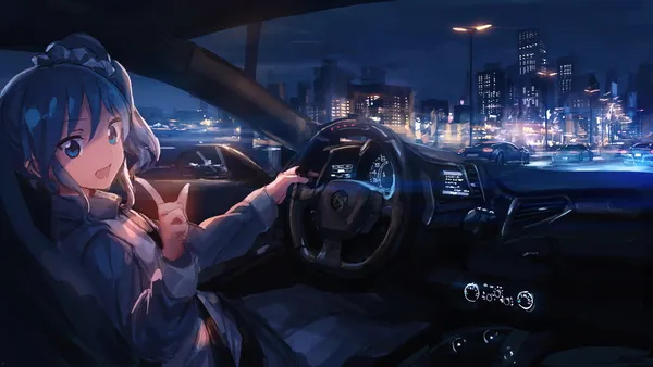 Anime girl is driving a car at night in the city
