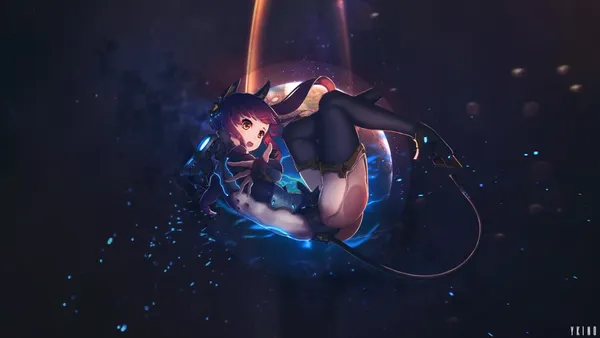 Anime girl is floating in space with a planet in the background