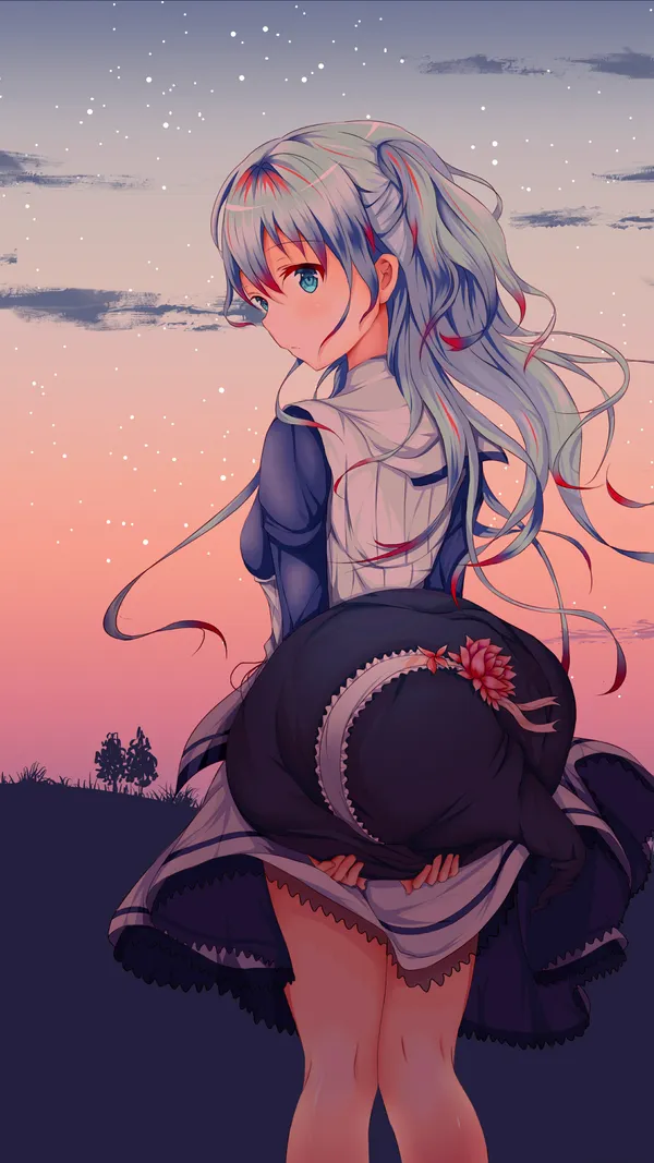 Anime girl is holding a hat and looking back at the viewer