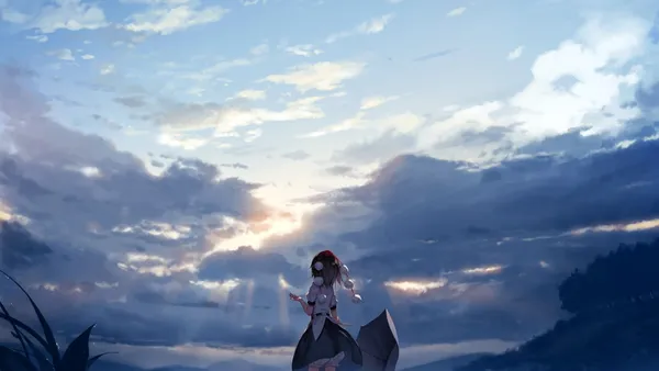Anime girl is holding an umbrella and looking at the cloudy sky