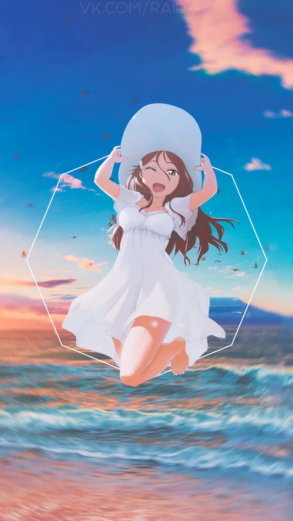 Anime girl is jumping happily on a beach