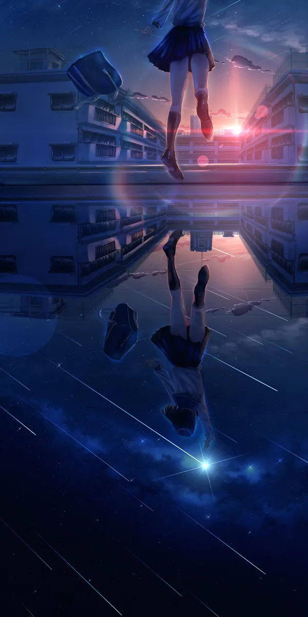 Anime girl is jumping over a puddle at sunset