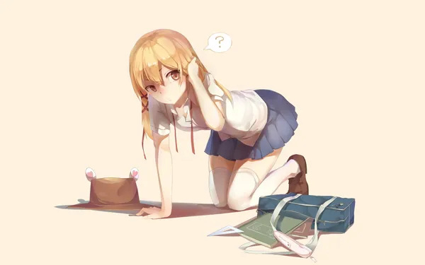 Anime girl is kneeling on the ground next to her bag
