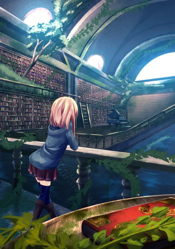 Anime girl is looking down at a flooded library