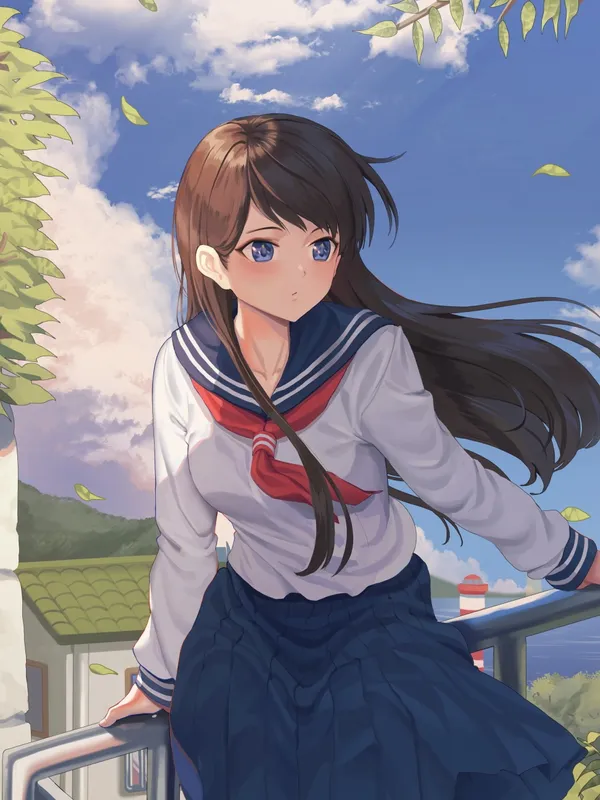 Anime girl is looking out over a scenic view