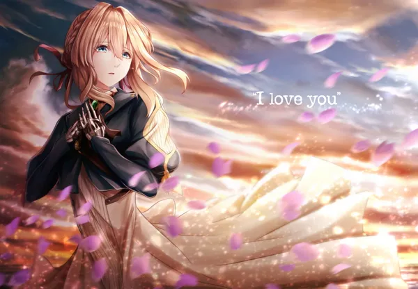 Anime girl is looking up at the sky while pink petals fall around her