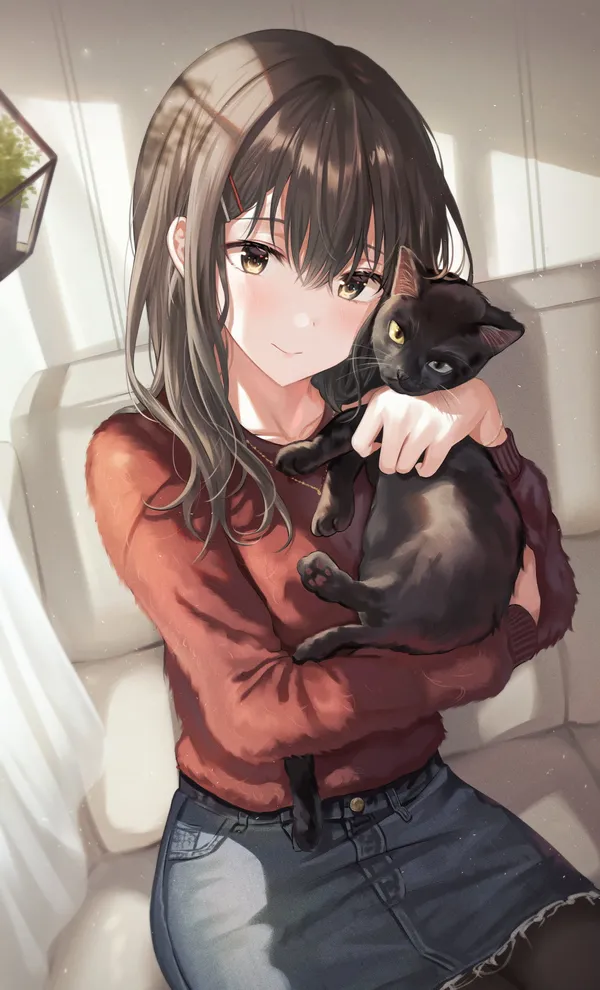 Anime girl is lovingly holding a black cat