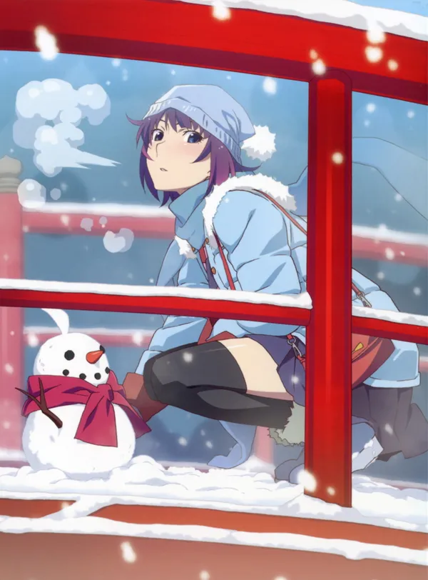 Anime girl is making a snowman in the snow