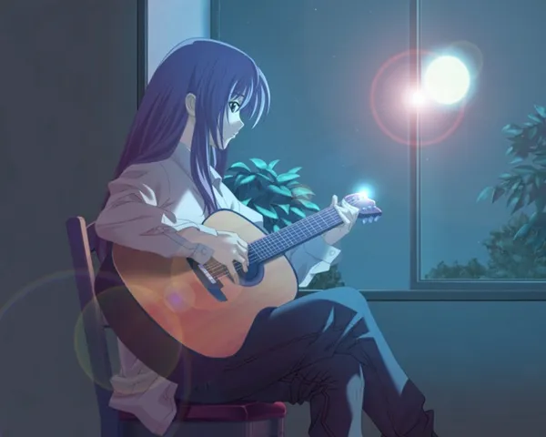 Anime girl is playing the guitar and looking at the moon through the window
