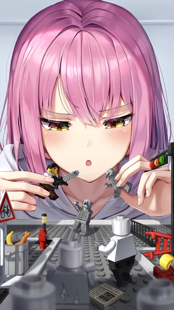 Anime girl is playing with Lego minifigures