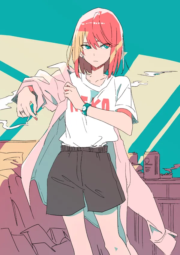 Anime girl is putting on a pink jacket while smoking