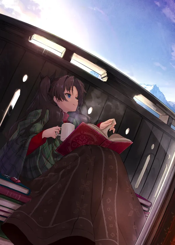 Anime girl is reading a book and drinking from a cup