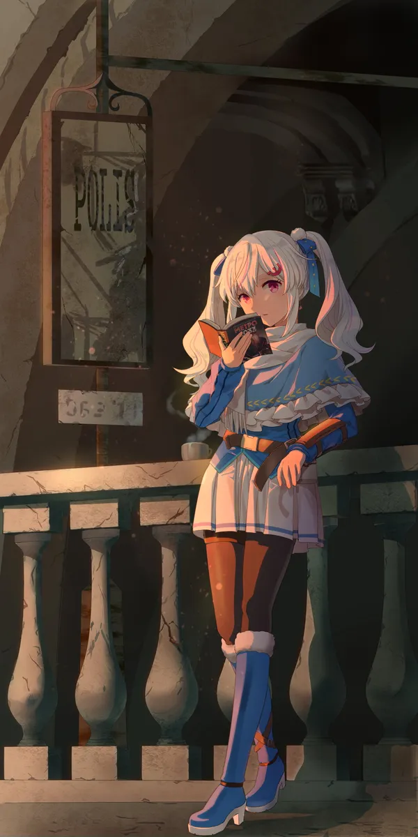 Anime girl is reading a book in a ruined city