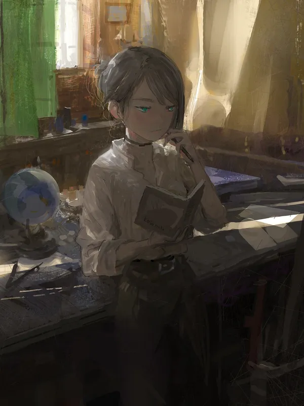 Anime girl is sitting at a desk reading a book