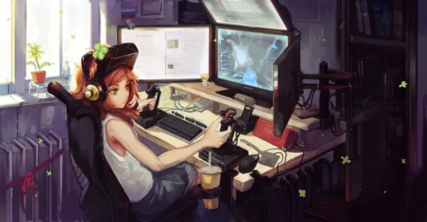 Anime girl is sitting at her computer desk playing video games