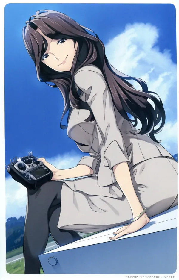 Anime girl is sitting on a building's edge holding a remote control