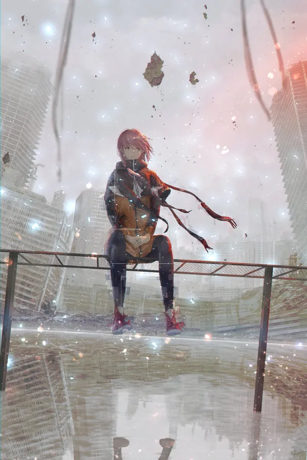 Anime girl is sitting on a railing in a destroyed city