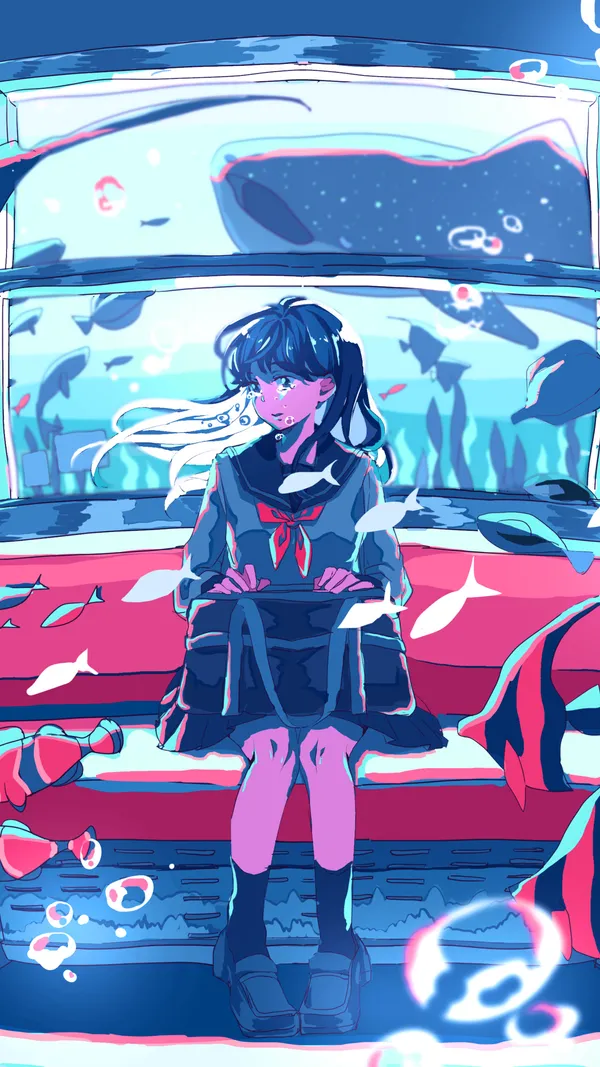 Anime girl is sitting on a train looking at an aquarium
