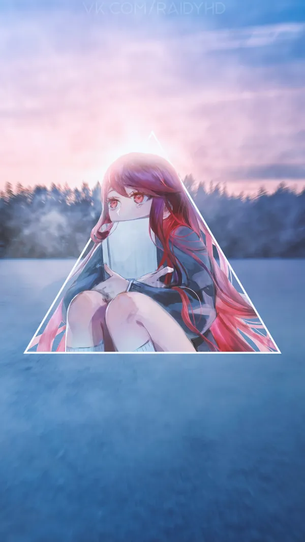 Anime girl is sitting on ice holding a book