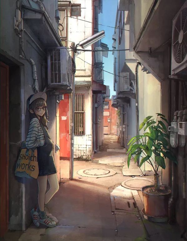 Anime girl is standing in a narrow alleyway