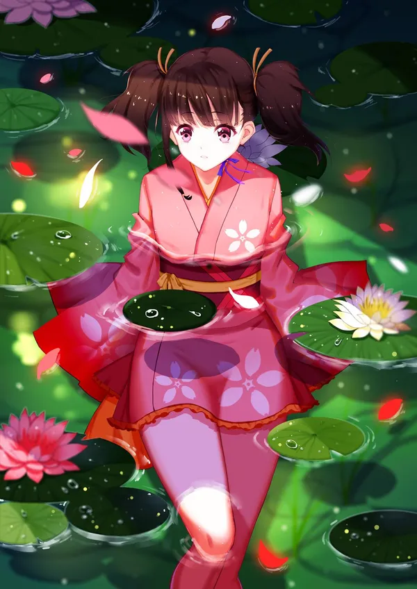 Anime girl is standing in a pond filled with lily pads and flowers