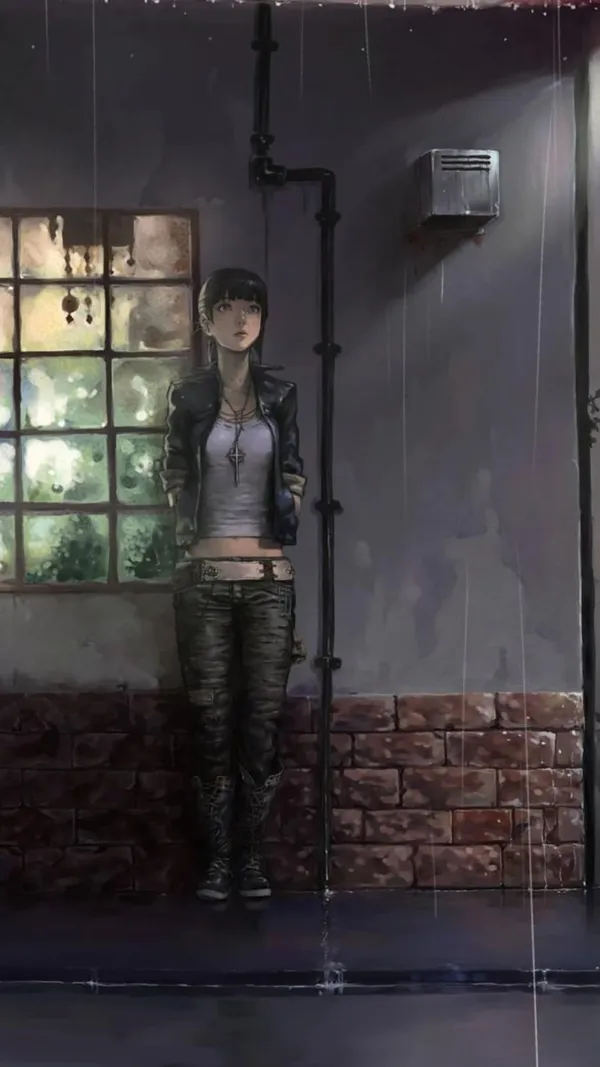 Anime girl is standing in a rainy alleyway