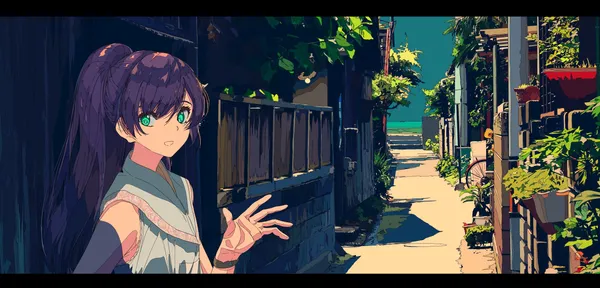 Anime girl is standing in an alleyway, between two buildings