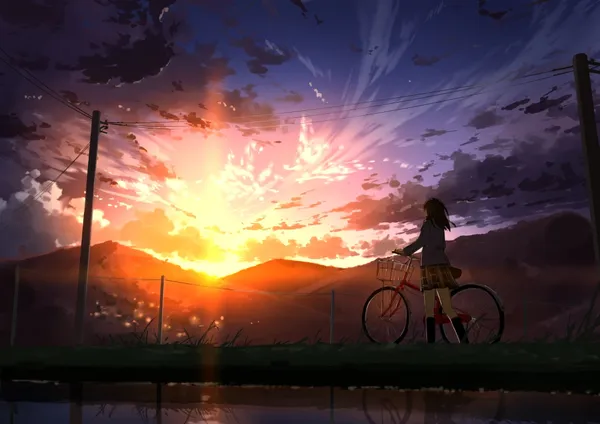 Anime girl is standing next to her bicycle as the sun sets in the background