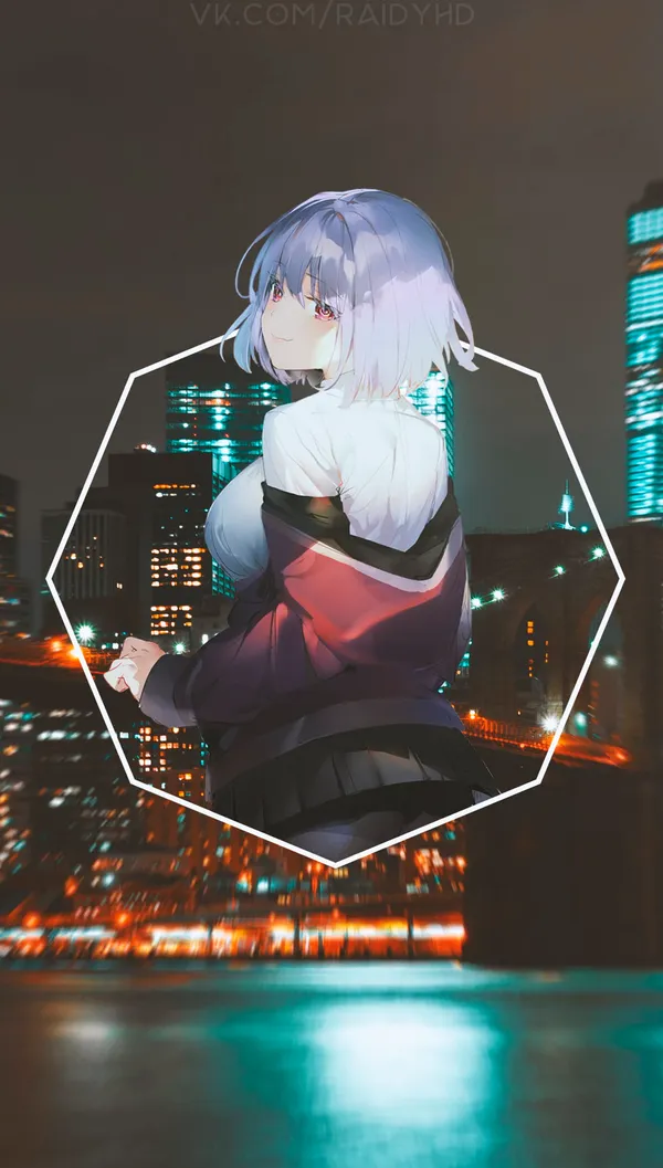 Anime girl is standing on a bridge in a city at night